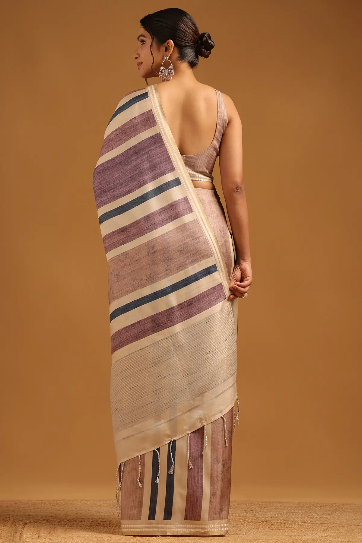 Beige Tussar Striped Saree